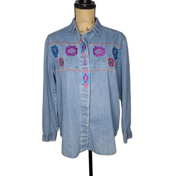 Vintage 80s 90s  Neon Western Aztec Denim Button Down Shirt Eclectic - Picture 1 of 15